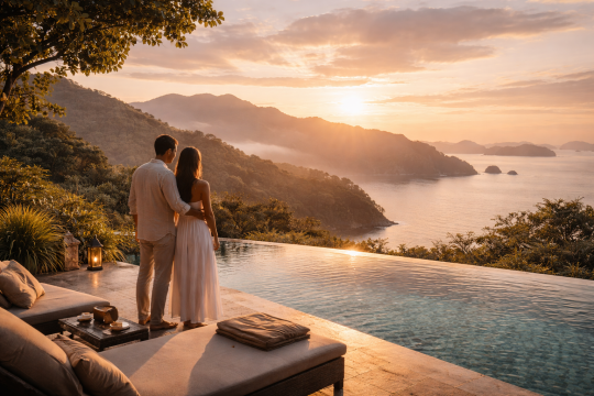 Luxury travelers overlooking a serene landscape at sunrise, symbolizing a thoughtful and intentional start to the new year.
