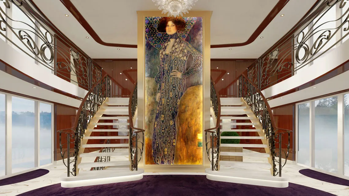A rendering of the Emilie's grand staircase. Photo Credit: Uniworld