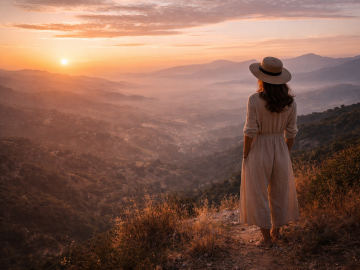 A refined traveler overlooking an expansive landscape at golden hour, symbolizing slow luxury travel and deeper connection.