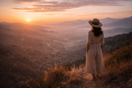 A refined traveler overlooking an expansive landscape at golden hour, symbolizing slow luxury travel and deeper connection.