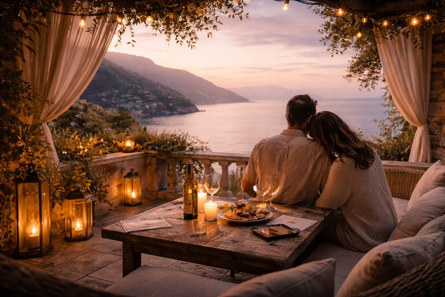 A quiet, refined travel setting designed for couples seeking understated romance and privacy during February.