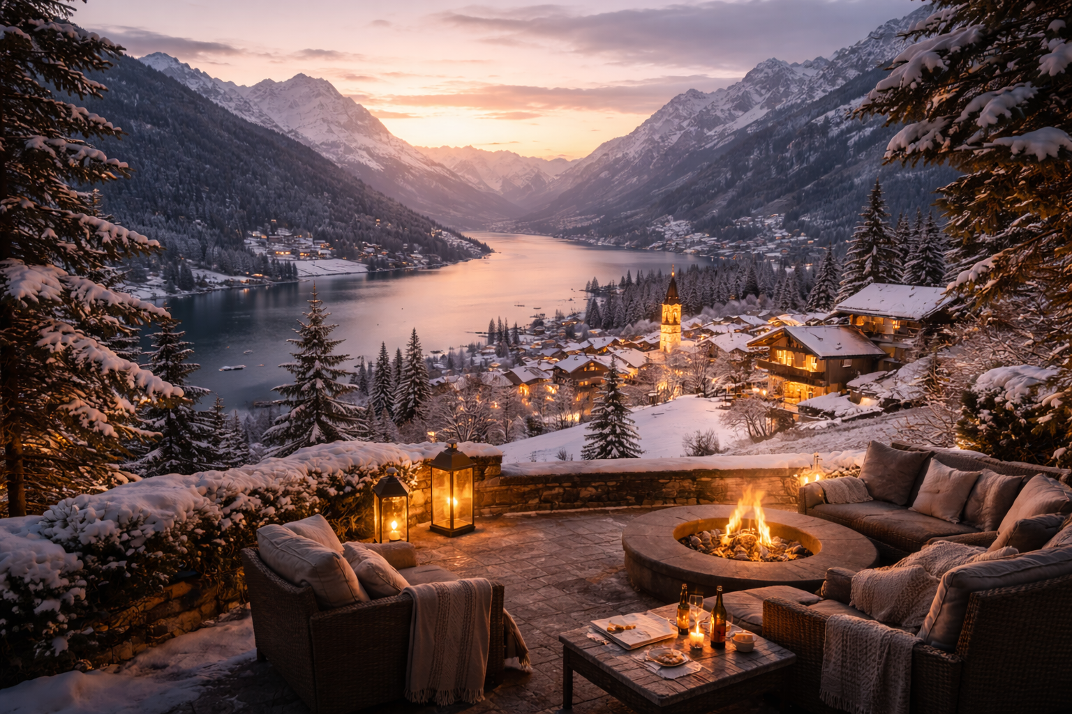A refined winter travel destination captured in peak seasonal conditions, highlighting calm atmosphere and elevated luxury without crowds.