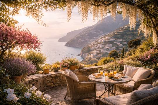 A serene luxury destination in early spring with soft golden light and blooming landscapes, capturing the first light of March travel.