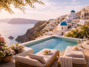 Quiet Mediterranean coastal village at sunrise in early spring, capturing the calm atmosphere of luxury travel before peak summer crowds.