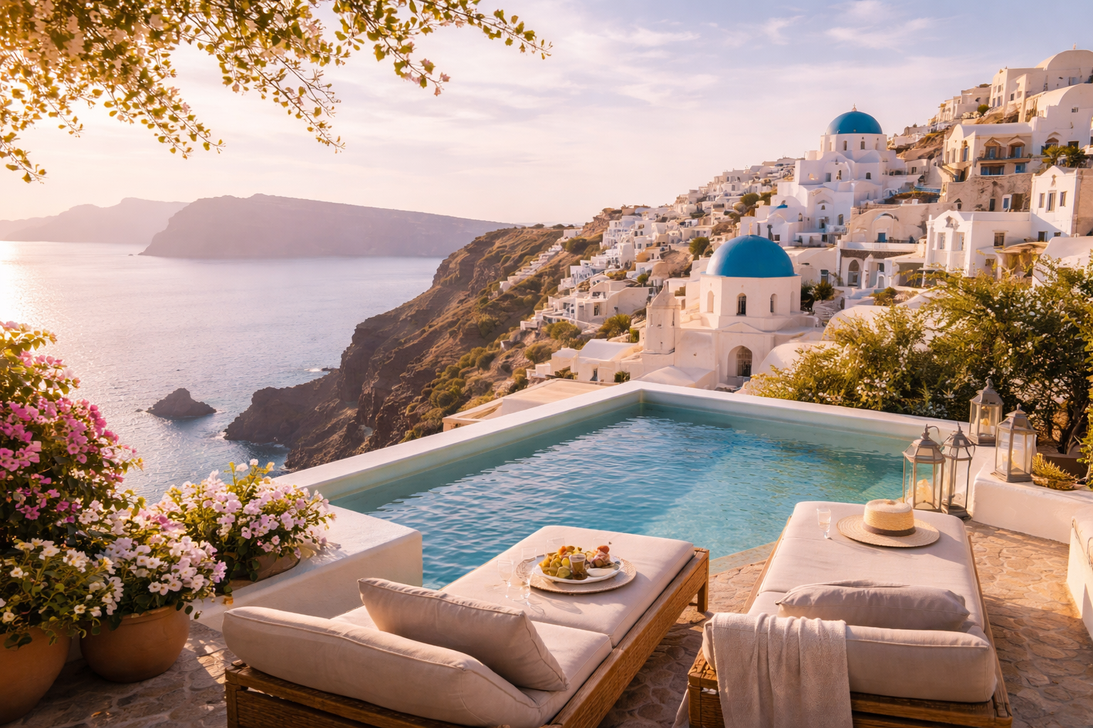 Quiet Mediterranean coastal village at sunrise in early spring, capturing the calm atmosphere of luxury travel before peak summer crowds.