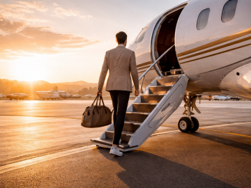Luxury traveler boarding a private jet at sunrise, symbolizing the beginning of a year defined by purposeful, high-end travel.