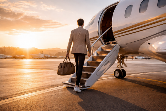 Luxury traveler boarding a private jet at sunrise, symbolizing the beginning of a year defined by purposeful, high-end travel.