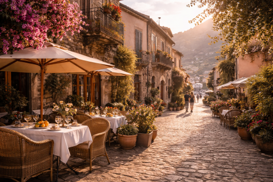 A refined spring travel destination captured during shoulder season, featuring calm streets, warm light, and a relaxed luxury atmosphere.