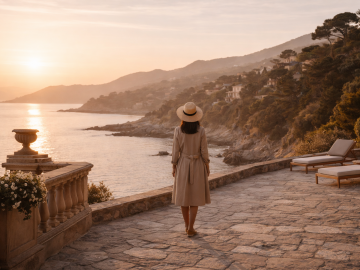 Traveler standing alone on a quiet coastal path at sunrise in early spring, with soft light and open space capturing the calm beginning of a slow, intentional journey.