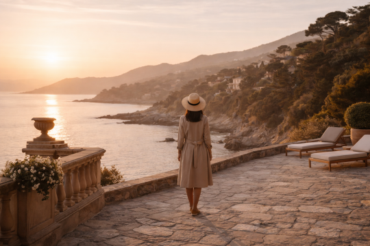 Traveler standing alone on a quiet coastal path at sunrise in early spring, with soft light and open space capturing the calm beginning of a slow, intentional journey.