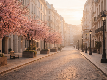 Quiet European city street lined with blooming trees in early spring, soft morning light illuminating open space and minimal crowds in an upscale urban setting.