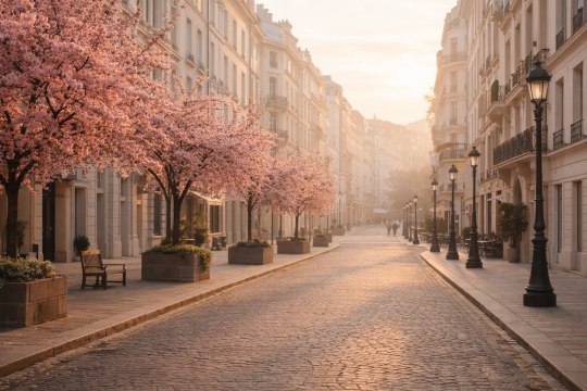 Quiet European city street lined with blooming trees in early spring, soft morning light illuminating open space and minimal crowds in an upscale urban setting.