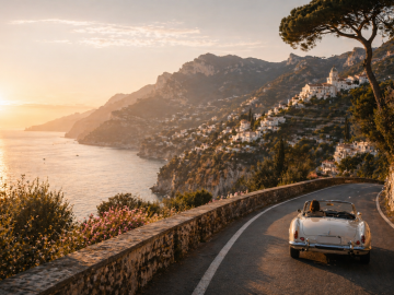 Expansive coastal road at sunrise in early spring with soft golden light and open landscape, capturing the feeling of arriving at a destination before the crowds.
