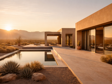 Minimalist desert architecture at sunrise with clean lines and open space, capturing the connection between design, light, and landscape in a luxury travel setting.