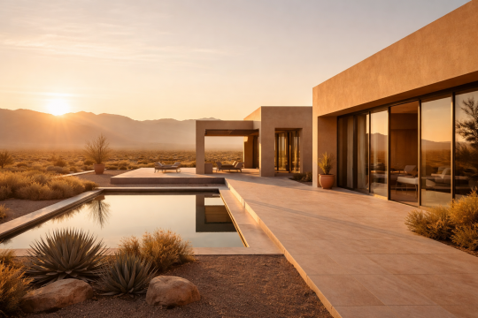 Minimalist desert architecture at sunrise with clean lines and open space, capturing the connection between design, light, and landscape in a luxury travel setting.
