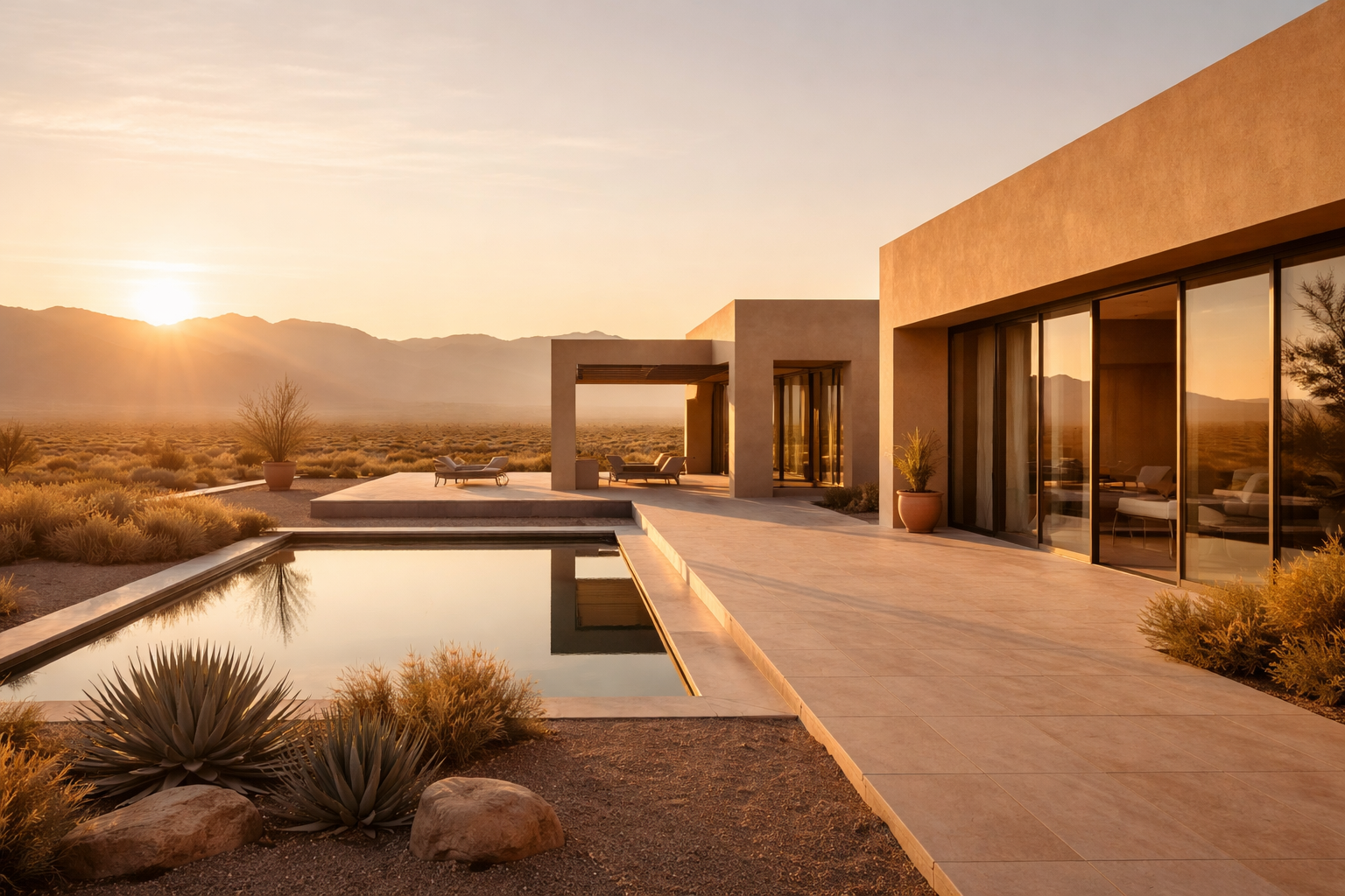 Minimalist desert architecture at sunrise with clean lines and open space, capturing the connection between design, light, and landscape in a luxury travel setting.