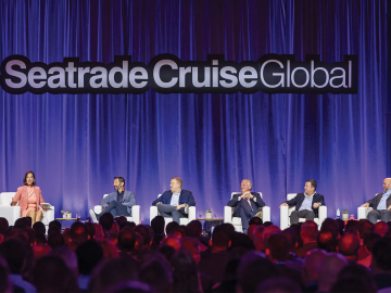 The State of the Global Cruise Industry Keynote panel at Seatrade. From left, moderator Contessa Brewer, Carnival Corp.'s Josh Weinstein, Royal Caribbean Group's Jason Liberty, MSC Group's Pierfrancesco Vago, Norwegian Cruise Line Holdings' John Chidsey and CLIA's Bud Darr. Photo Credit: Seatrade Cruise Global