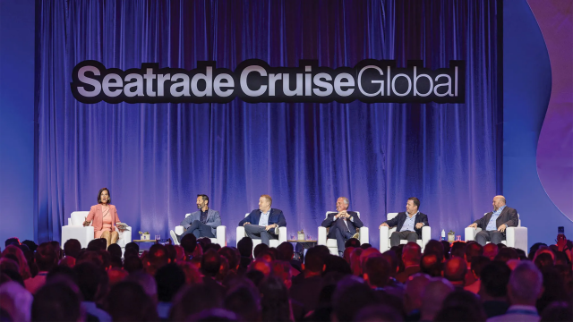 The State of the Global Cruise Industry Keynote panel at Seatrade. From left, moderator Contessa Brewer, Carnival Corp.'s Josh Weinstein, Royal Caribbean Group's Jason Liberty, MSC Group's Pierfrancesco Vago, Norwegian Cruise Line Holdings' John Chidsey and CLIA's Bud Darr. Photo Credit: Seatrade Cruise Global
