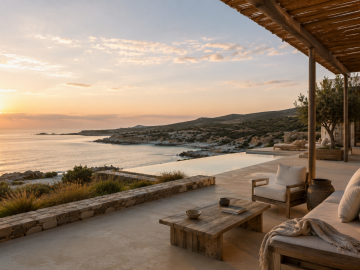Minimalist coastal terrace overlooking a quiet shoreline at sunset, with soft natural tones and open space reflecting modern luxury coastal travel.