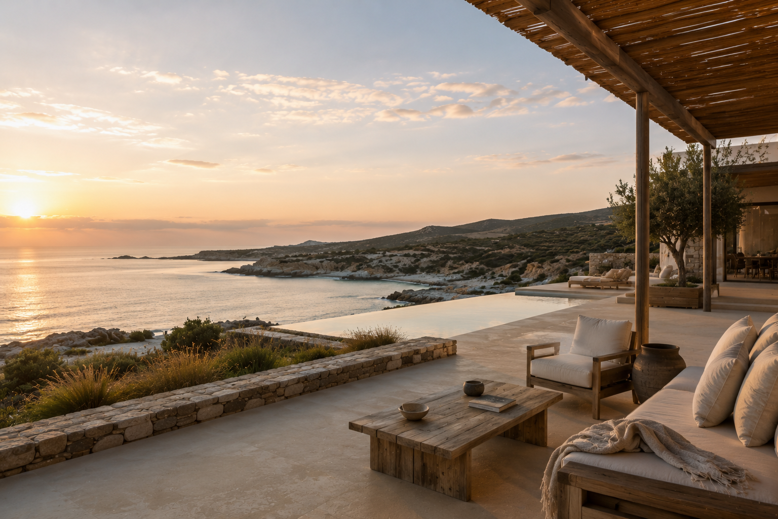 Minimalist coastal terrace overlooking a quiet shoreline at sunset, with soft natural tones and open space reflecting modern luxury coastal travel.
