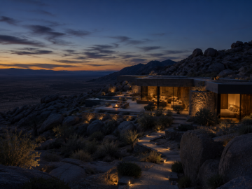 Secluded modern desert estate at blue hour with warm interior light, rugged rock formations, and vast open landscape reflecting privacy-driven luxury travel.