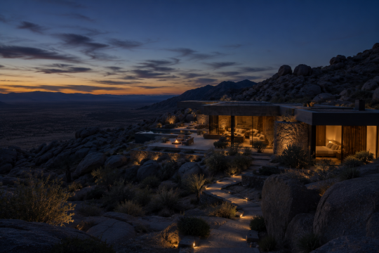 Secluded modern desert estate at blue hour with warm interior light, rugged rock formations, and vast open landscape reflecting privacy-driven luxury travel.