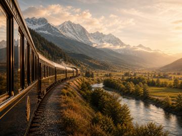 Luxury train traveling through a mountain valley in soft golden light, capturing the elegance and continuity of a longer, slower journey.