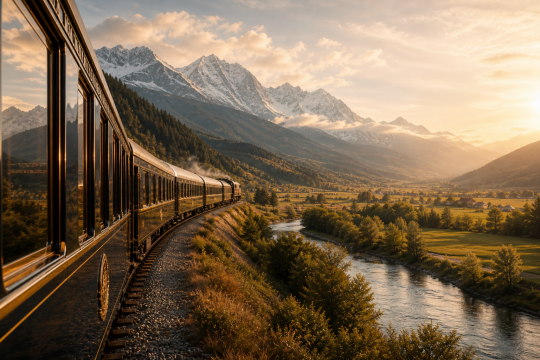 Luxury train traveling through a mountain valley in soft golden light, capturing the elegance and continuity of a longer, slower journey.