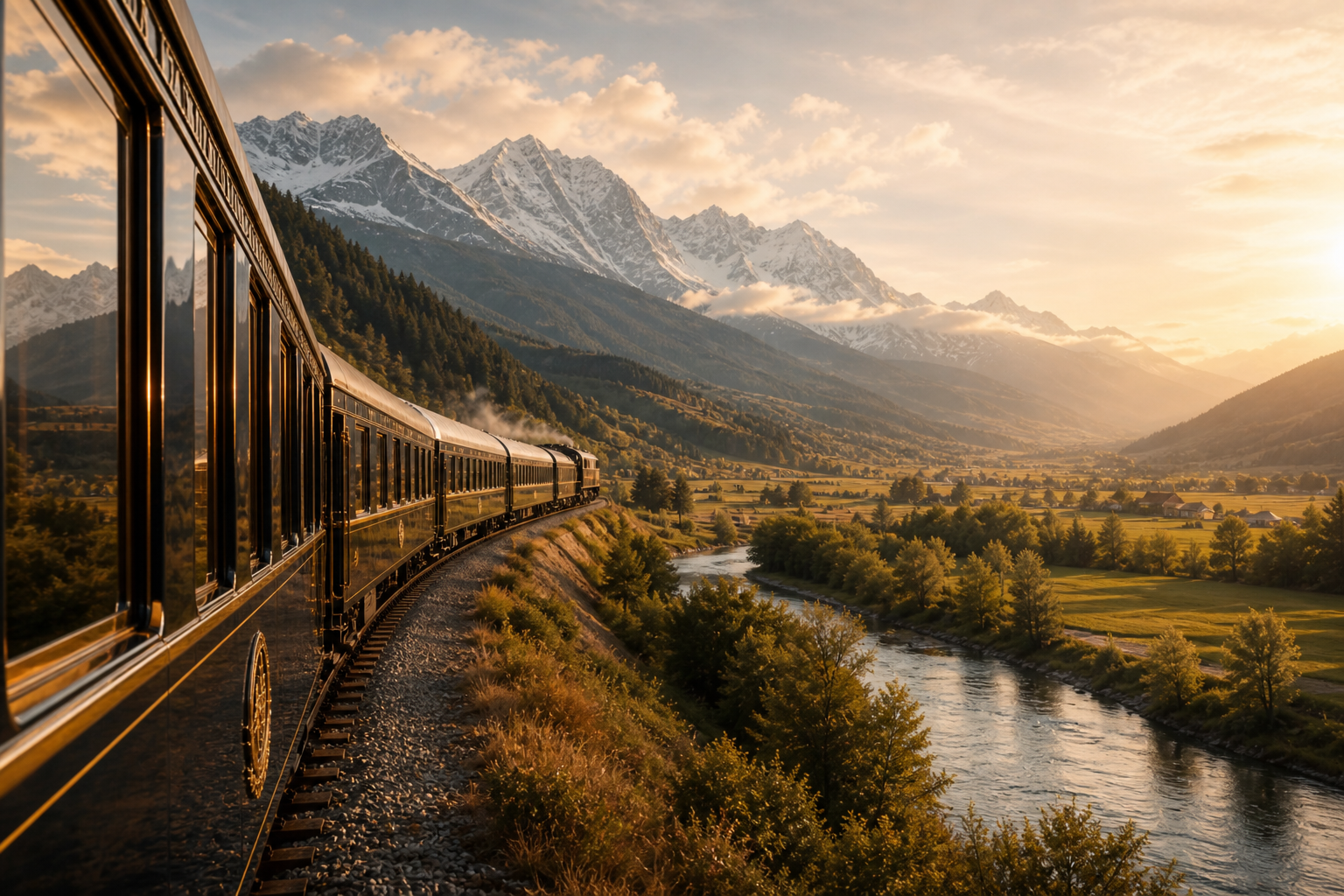 Luxury train traveling through a mountain valley in soft golden light, capturing the elegance and continuity of a longer, slower journey.