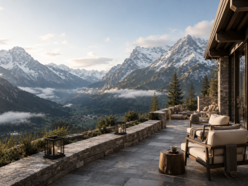 Luxury alpine terrace overlooking expansive snow-capped mountains in soft morning light, capturing the calm and elevated atmosphere of modern mountain travel.