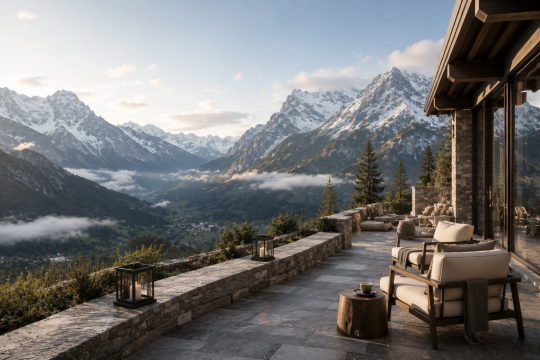 Luxury alpine terrace overlooking expansive snow-capped mountains in soft morning light, capturing the calm and elevated atmosphere of modern mountain travel.
