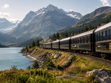 Luxury passenger train traveling beside a turquoise mountain lake, capturing the elegance of slow summer journeys and refined scenic travel.