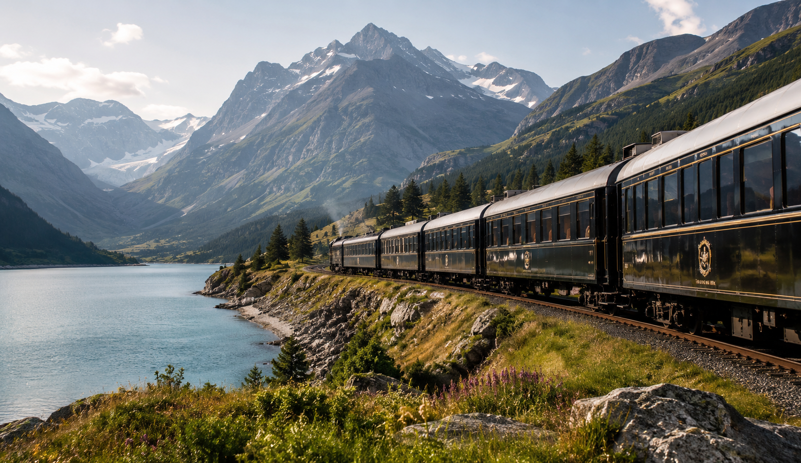 Luxury passenger train traveling beside a turquoise mountain lake, capturing the elegance of slow summer journeys and refined scenic travel.
