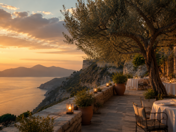 Quiet luxury terrace overlooking the sea before the evening crowds arrive, reflecting the appeal of experiencing destinations at their most peaceful hours.