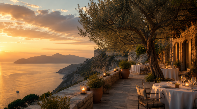 Quiet luxury terrace overlooking the sea before the evening crowds arrive, reflecting the appeal of experiencing destinations at their most peaceful hours.