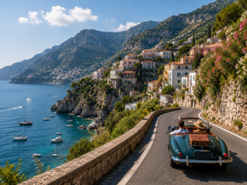 Luxury convertible following a winding coastal road above a quiet Mediterranean shoreline, reflecting the rise of slow coastal summer travel.