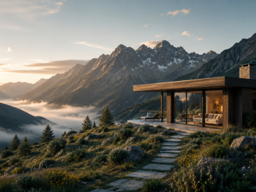 Modern mountain retreat set into an alpine hillside above a misty valley, reflecting refined high-country travel and restorative mountain luxury.