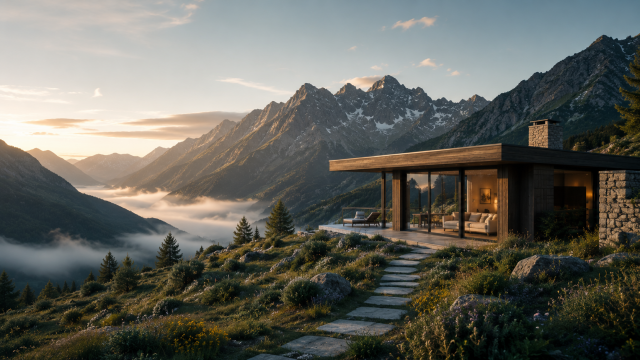 Modern mountain retreat set into an alpine hillside above a misty valley, reflecting refined high-country travel and restorative mountain luxury.