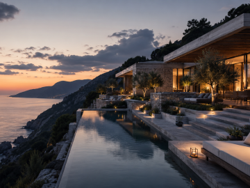 Modern luxury hotel integrated into a dramatic natural landscape, reflecting the rise of design-led hotels as destinations in their own right.