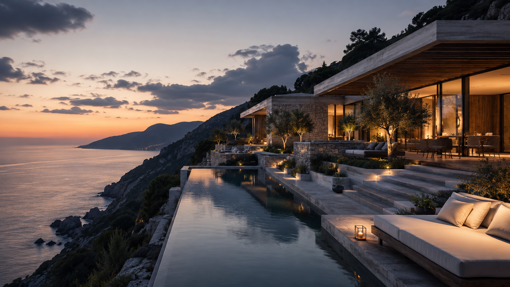 Modern luxury hotel integrated into a dramatic natural landscape, reflecting the rise of design-led hotels as destinations in their own right.