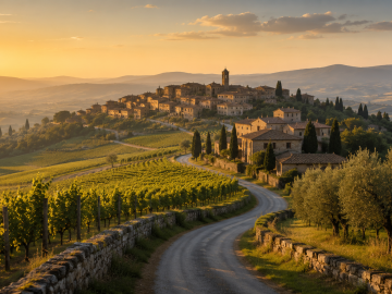 Quiet countryside villa at golden hour with a winding road and historic village in the distance, evoking the luxury of longer, slower travel.