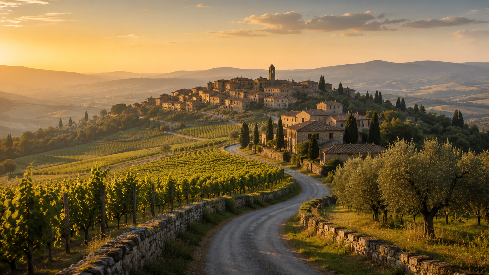 Quiet countryside villa at golden hour with a winding road and historic village in the distance, evoking the luxury of longer, slower travel.