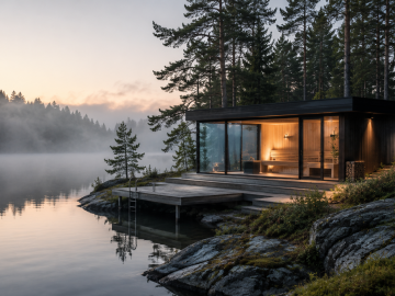 Modern lakeside sauna pavilion at dawn surrounded by forest and soft mist, reflecting a quieter luxury wellness travel experience.