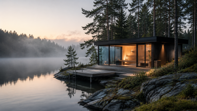 Modern lakeside sauna pavilion at dawn surrounded by forest and soft mist, reflecting a quieter luxury wellness travel experience.