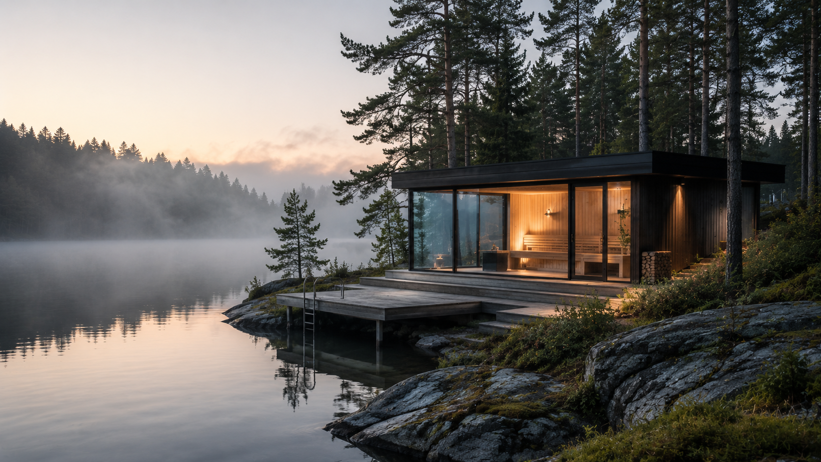 Modern lakeside sauna pavilion at dawn surrounded by forest and soft mist, reflecting a quieter luxury wellness travel experience.