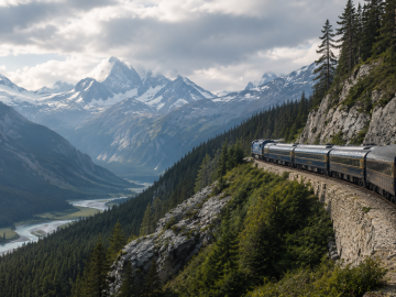 Luxury train crossing a dramatic mountain landscape, evoking the beauty of slow arrival and scenic travel.