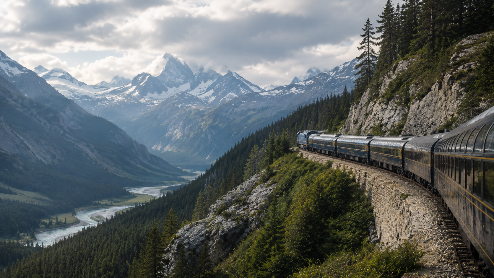 Luxury train crossing a dramatic mountain landscape, evoking the beauty of slow arrival and scenic travel.