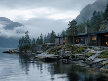 Misty Nordic shoreline retreat with modern architecture and calm water, reflecting the rise of cooler luxury summer travel.