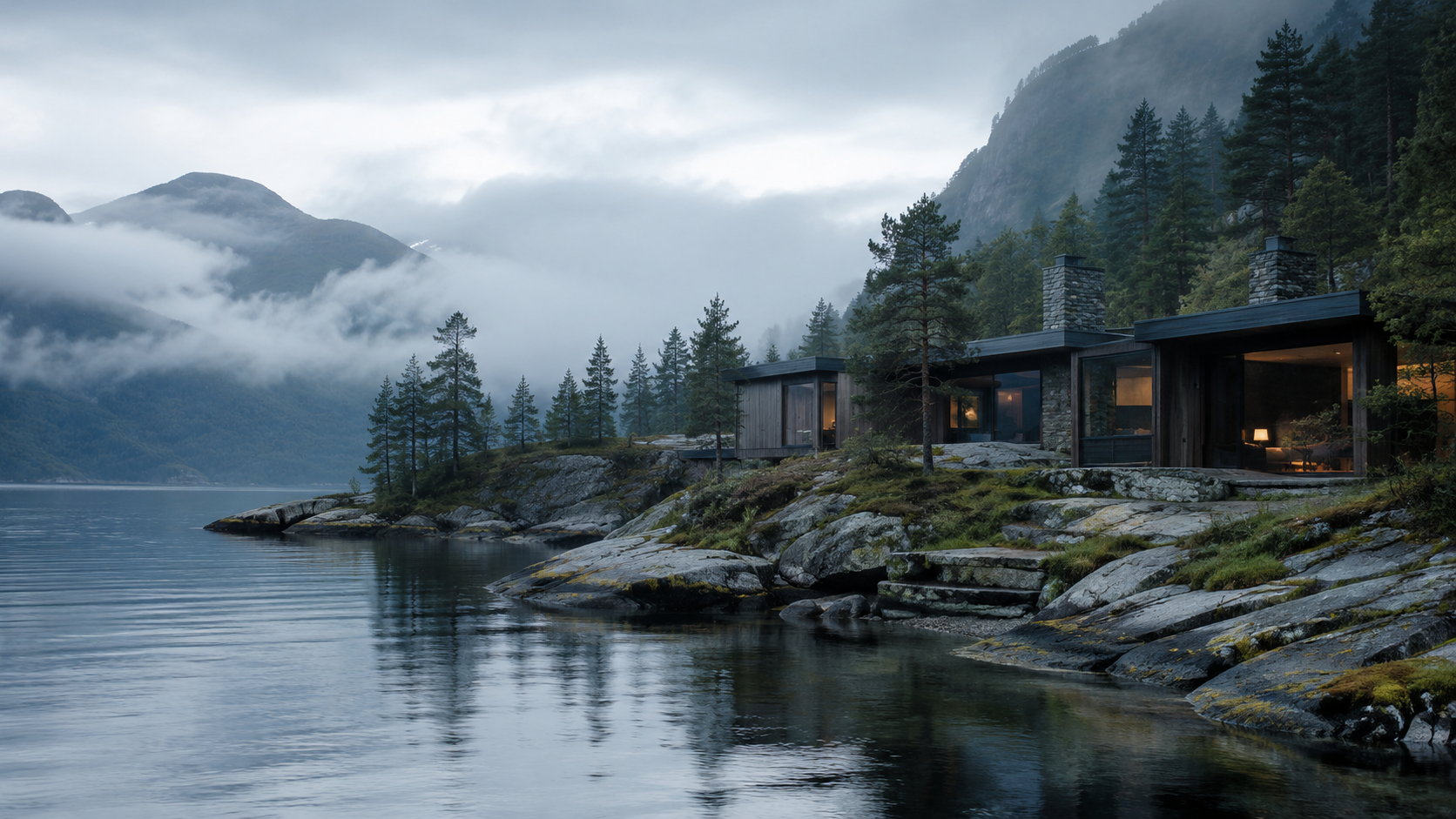 Misty Nordic shoreline retreat with modern architecture and calm water, reflecting the rise of cooler luxury summer travel.