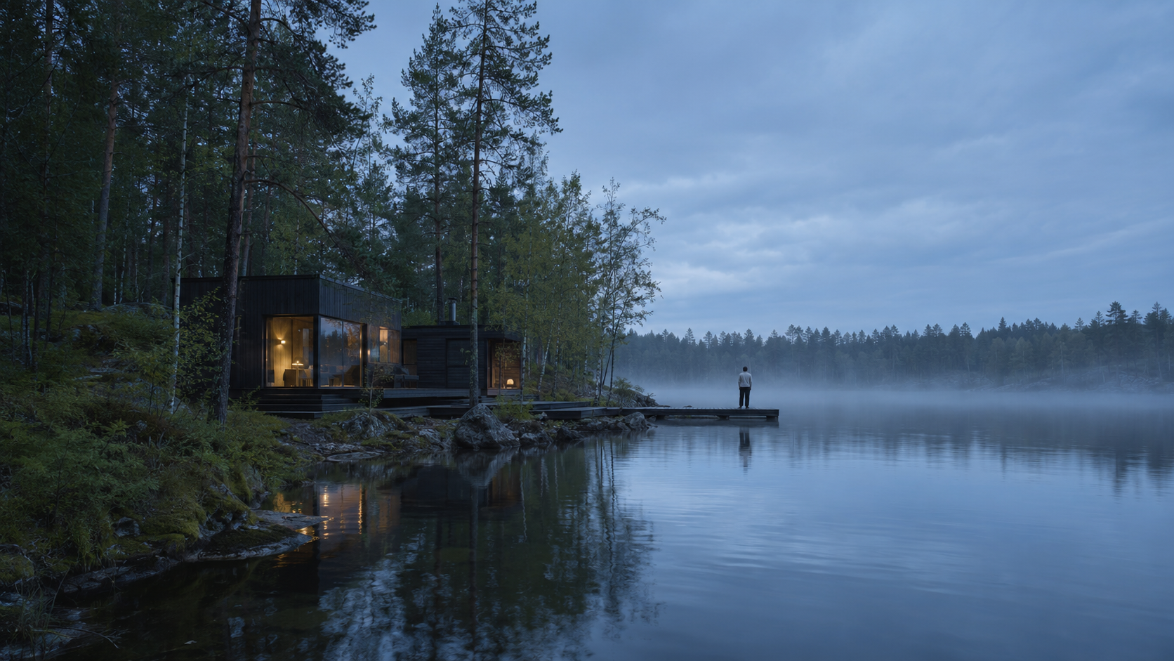 Contemporary timber retreat beside a misty Nordic lake during a luminous northern summer evening.